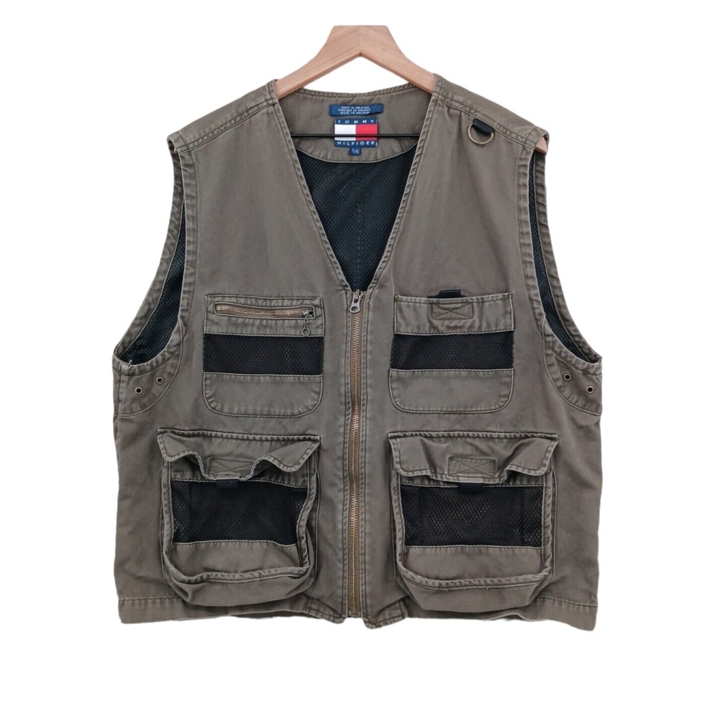 Vintage Tommy Hilfiger Fishing Vest Mens Large Greyish Green Canvas Cargo Safari